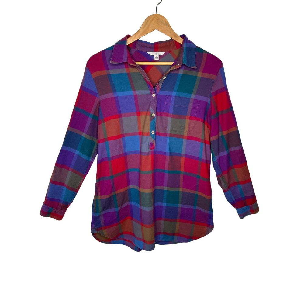 L.L. Bean Signature Plaid Cotton Popover Tunic Roll-Tab Sleeve Pockets Relaxed M
